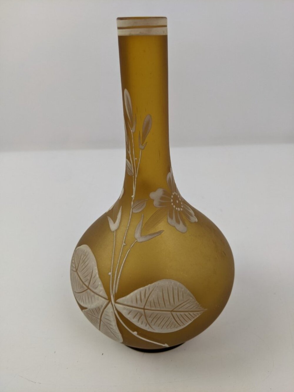 orange amber floral leaves cameo frosted glass bud vase 8" signed 45